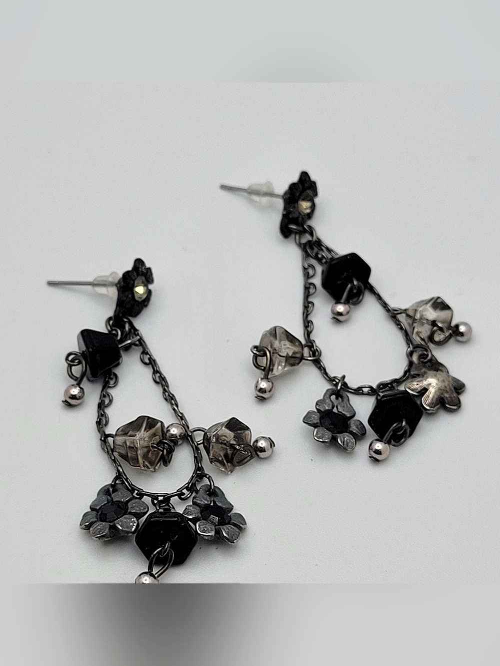 Unbranded Black and Gunmetal Floral Drop Earrings